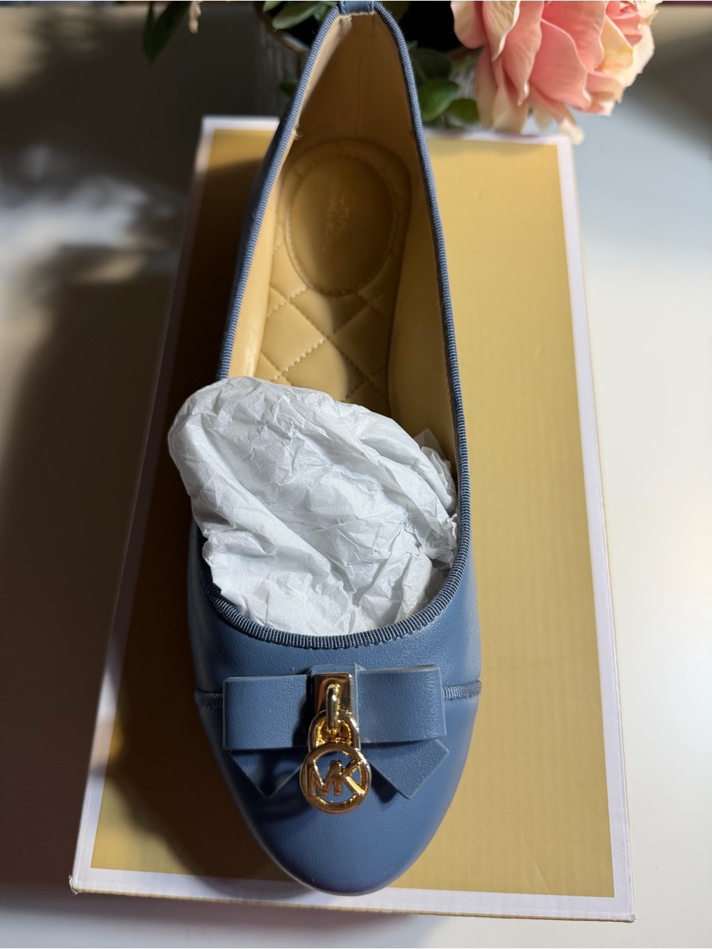 Michael Kors Light Blue Leather Bow Ballet Flat with Gold Logo Charm